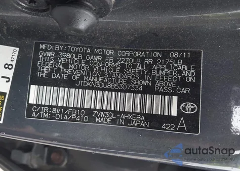 2011 Toyota Prius Three from USA, damaged, VIN JTDKN3DU8B5307334